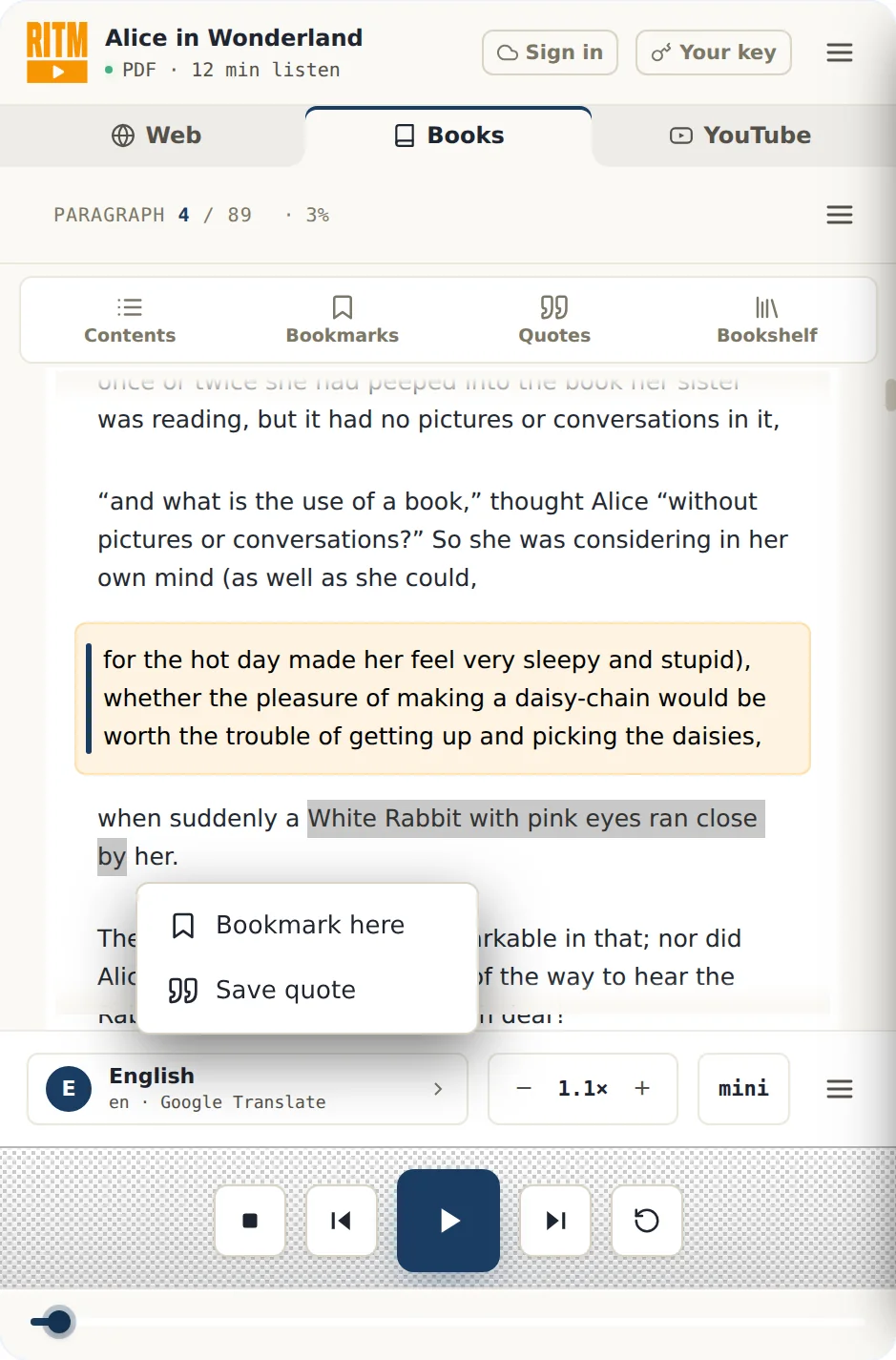 Ein PDF von Alice im Wunderland wird vorgelesen, über der aktuellen Zeile das Menü mit „Hier markieren“ und „Zitat speichern“