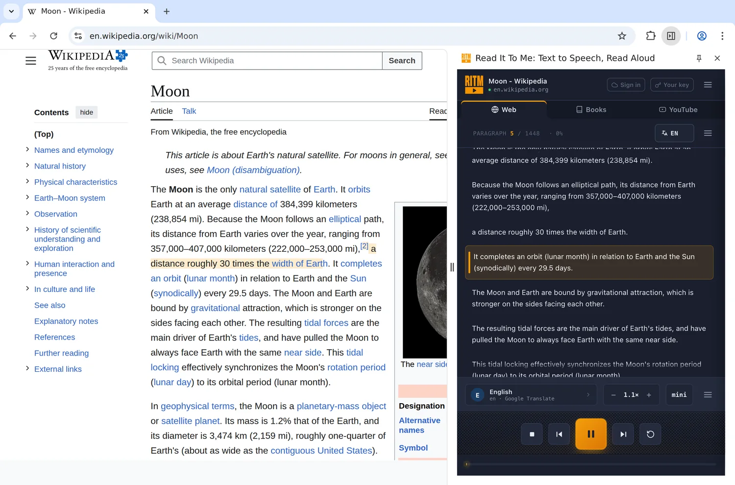Read It To Me in Chrome: links ein Wikipedia-Artikel, rechts liest die Seitenleiste ihn vor, die aktuelle Zeile ist hervorgehoben