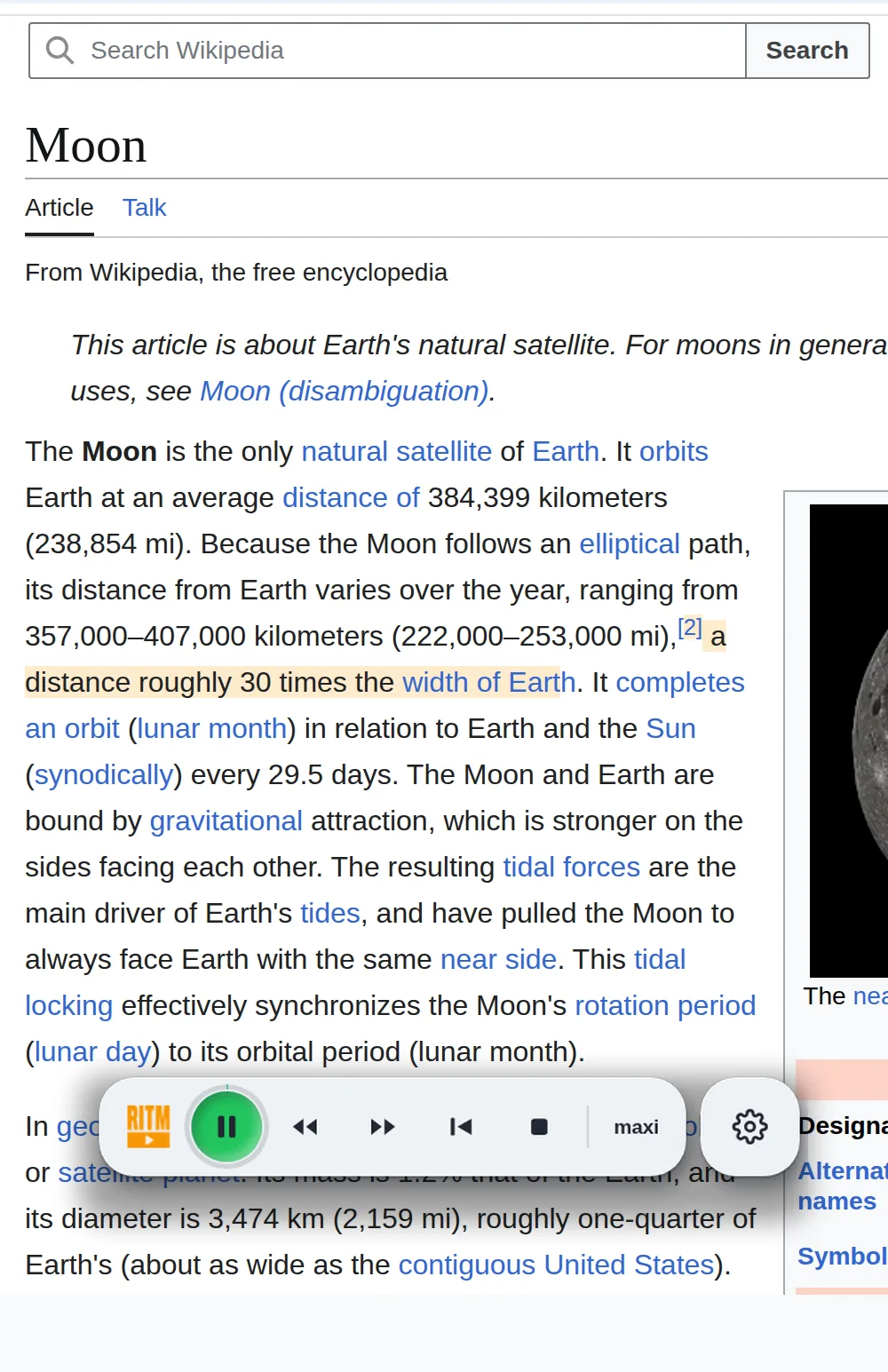 Der Mini-Player von Read It To Me über einem Wikipedia-Artikel, mit Tasten für Wiedergabe, Pause, Springen und Stopp